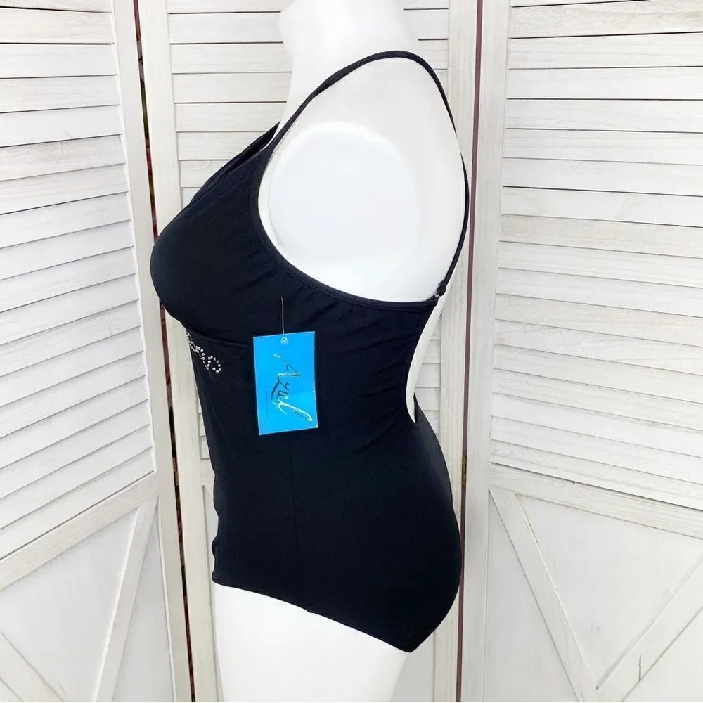 Maxine of‎ Hollywood Azul Swimsuit Studded One Piece Black Silver 16